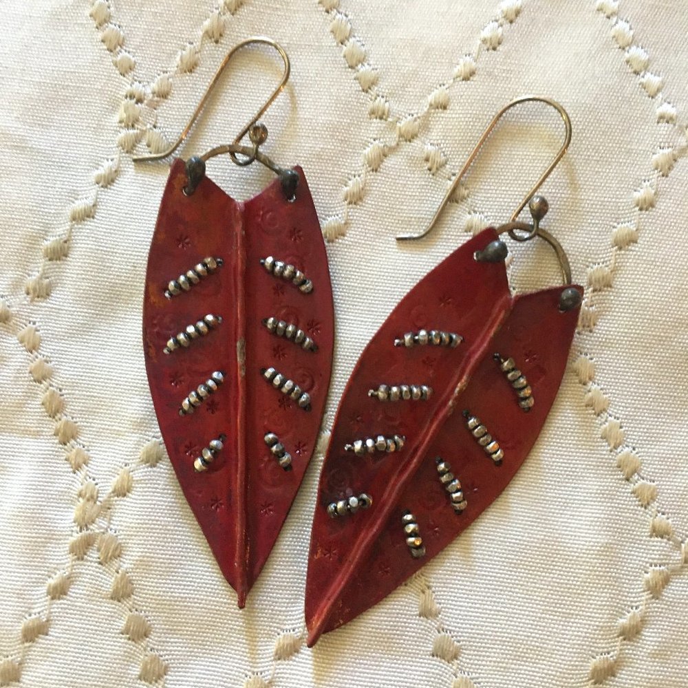 Rare Artisan Metalwork Dangle Leaf Earrings OOAK Rust Copper Silver
